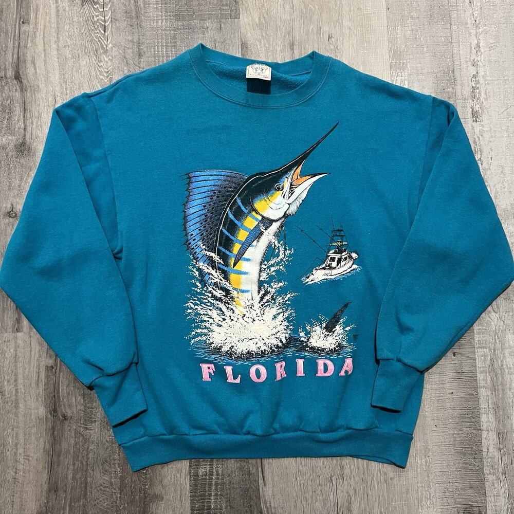VTG Florida Deep Sea Fishing Blue Marlin Swordfish 90s USA Boating Sweatshirt XL